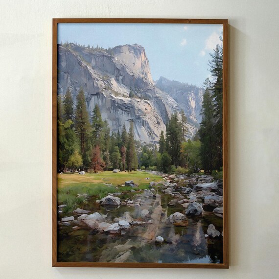 Yosemite Valley Granite Cliffs Meadow Stream Nature Landscape Art Print