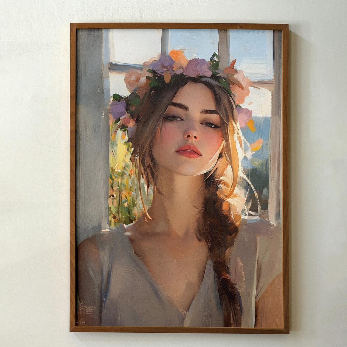 Bohemian Woman Floral Crown Portrait Oil Painting Style Art Print