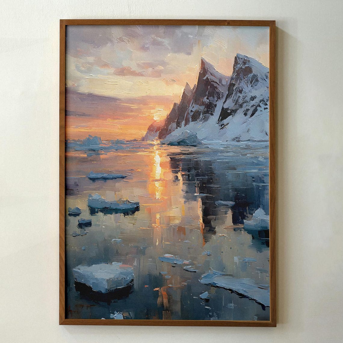 Greenland Arctic Sunset Icebergs Snowy Peaks Mirror Reflection Print