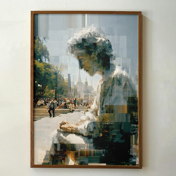 Glitch Pixelated City Figure Urban Digital Abstract Art Print