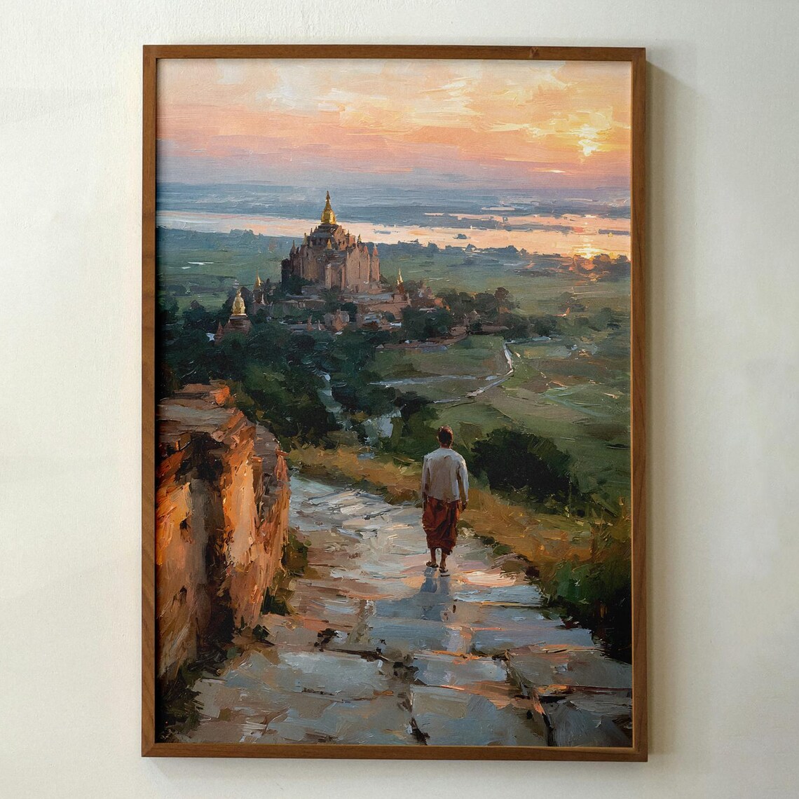 Bagan Myanmar Temple Sunset Monk Path Golden Pagoda Journey Print