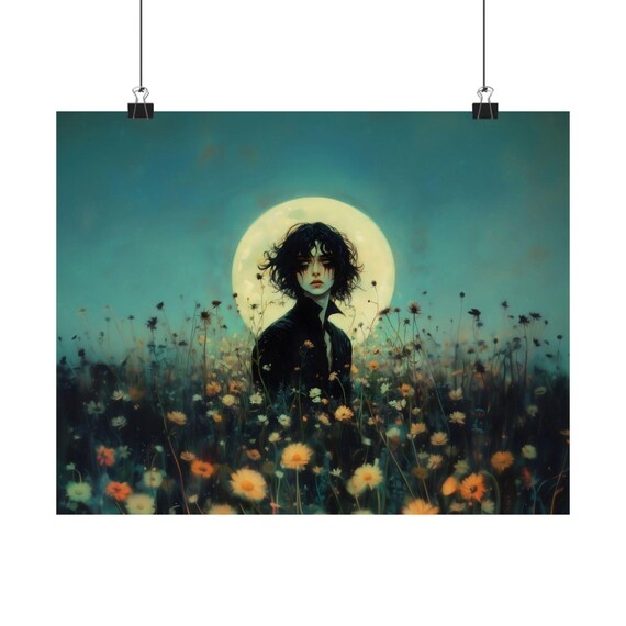 Pale Vampire in a Wildflower Field Under a Full Moon Gothic Fantasy Poster