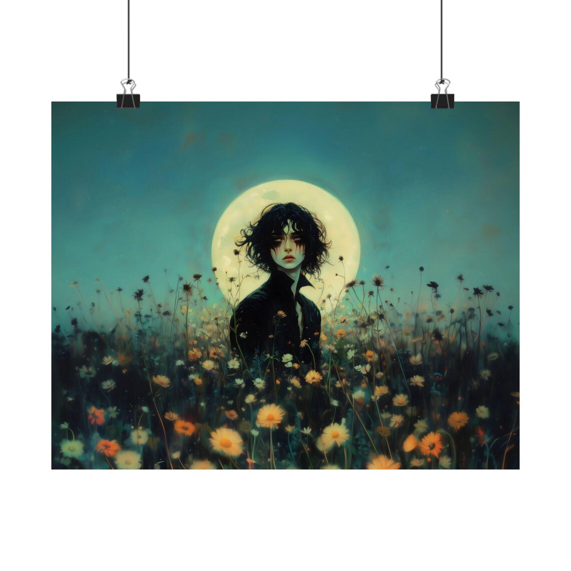 Pale Vampire in a Wildflower Field Under a Full Moon Gothic Fantasy Poster