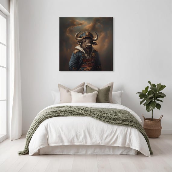 Maximalist Eclectic Sailor Buffalo Print Bold Altered Animal Portrait Fantasy Fun Navy Colorful Coastguard Rustic Art