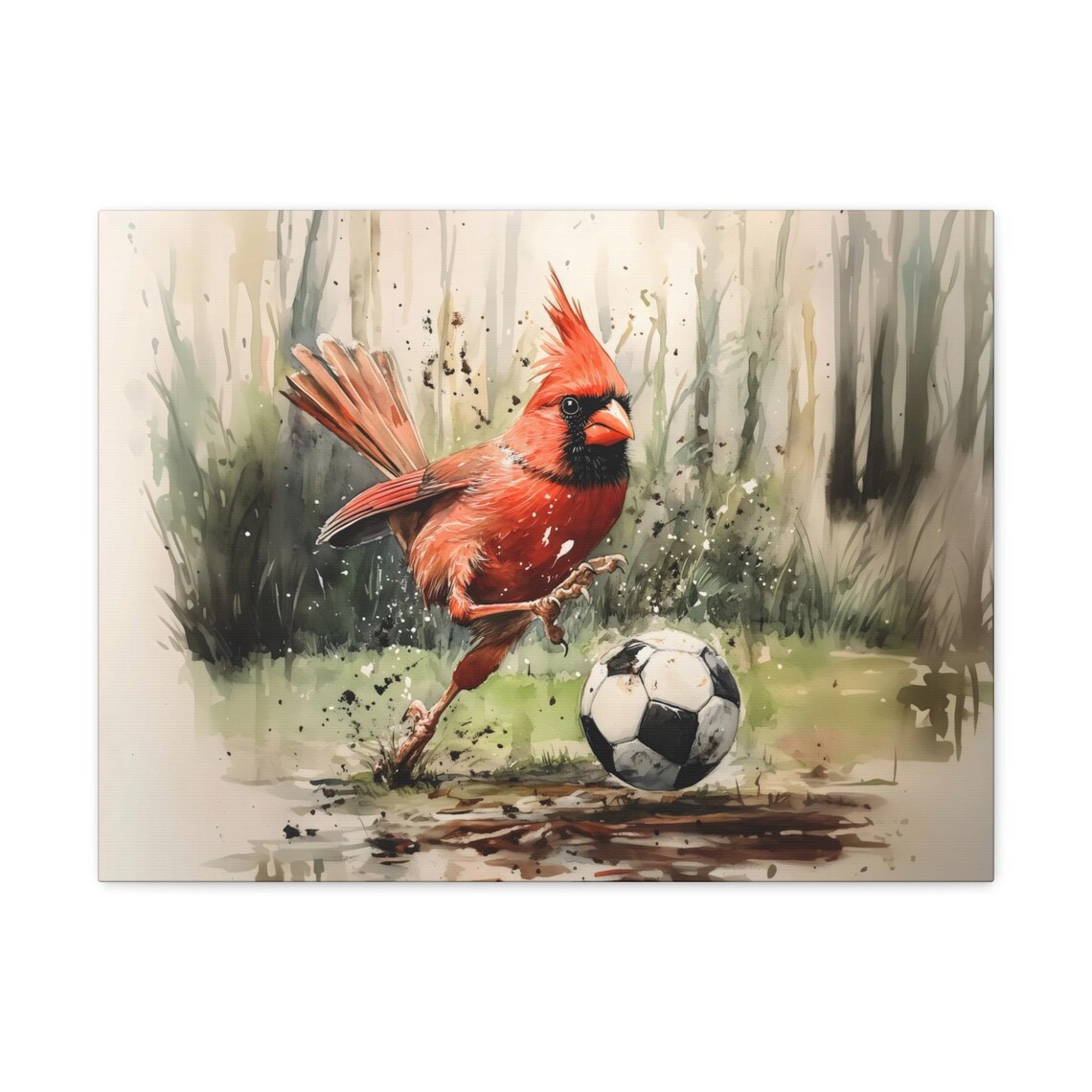 Red Cardinal Playing Soccer Vibrant Watercolor Garden Bird Poster - Image 3