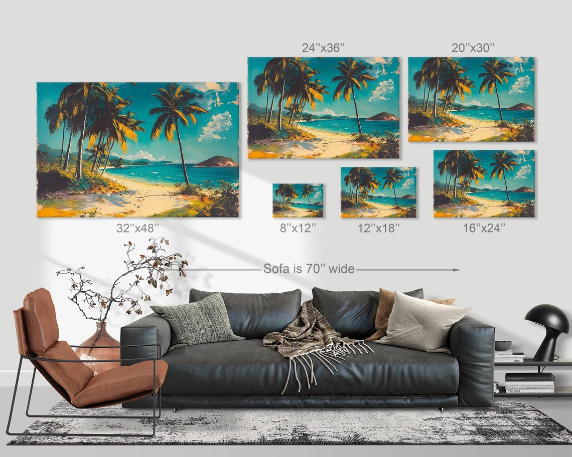 Retro Tropical Beach With Tall Palm Trees Turquoise Sea Wall Art - Image 3