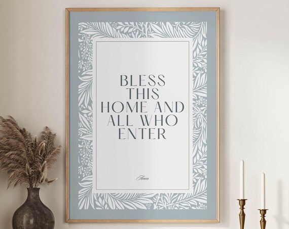 Bless This Home And All Who Enter Blue Botanical Wall Poster