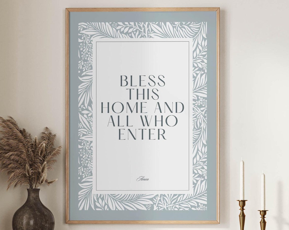 Bless This Home And All Who Enter Blue Botanical Wall Poster