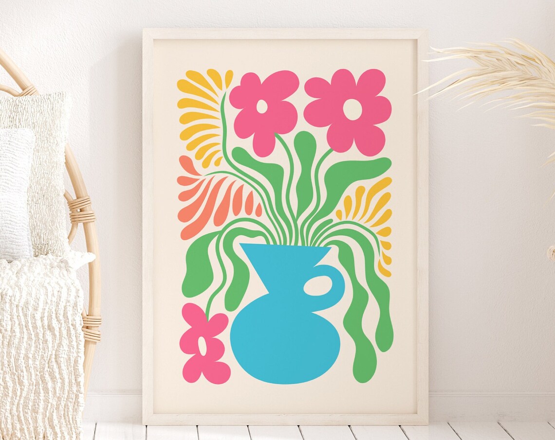 Colourful Flowers In Vase, Abstract Botanical Print