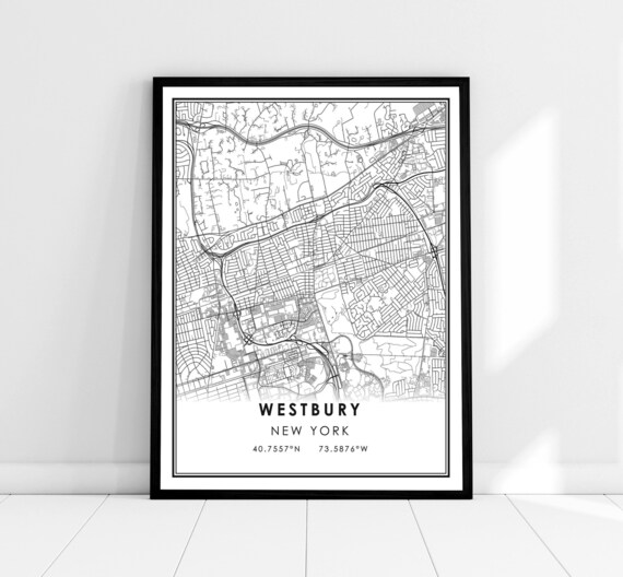 Westbury New York Black and White City Street Map Art Poster