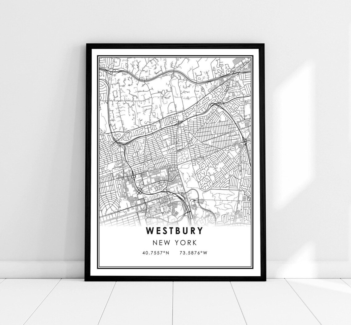 Westbury New York Black and White City Street Map Art Poster