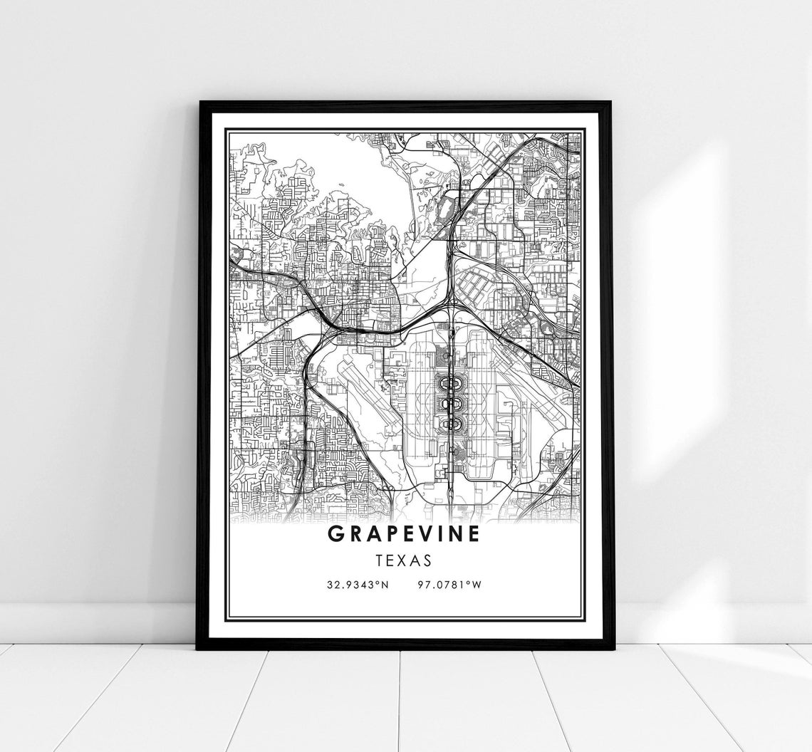 Grapevine Texas City Street Map Black White Minimalist Decor Poster