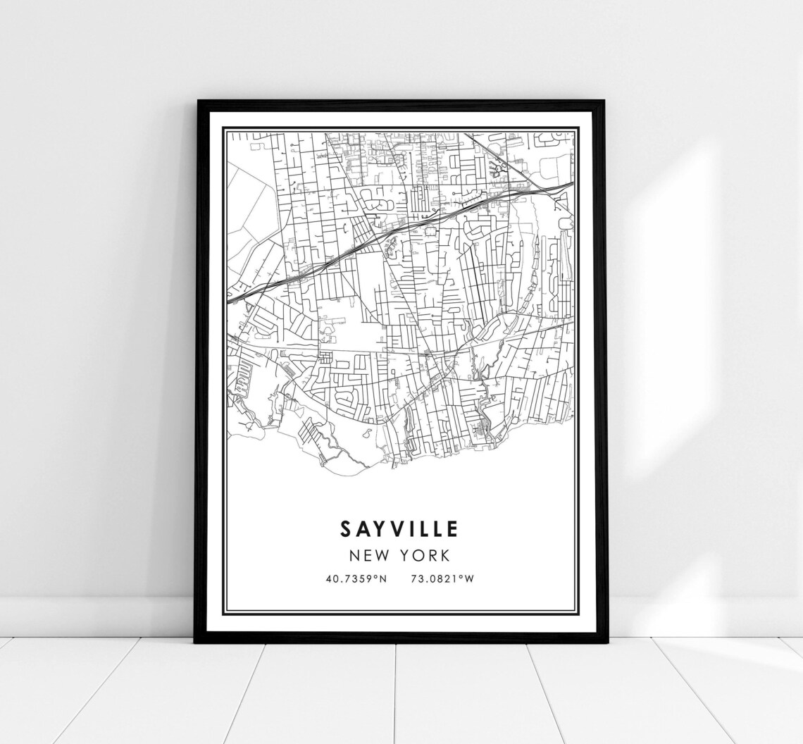 Sayville New York Road Map Minimalist Black White Travel Poster