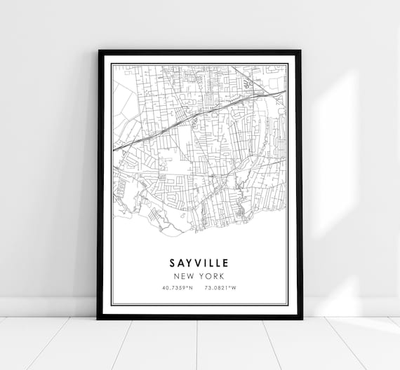 Sayville New York Road Map Minimalist Black White Travel Poster