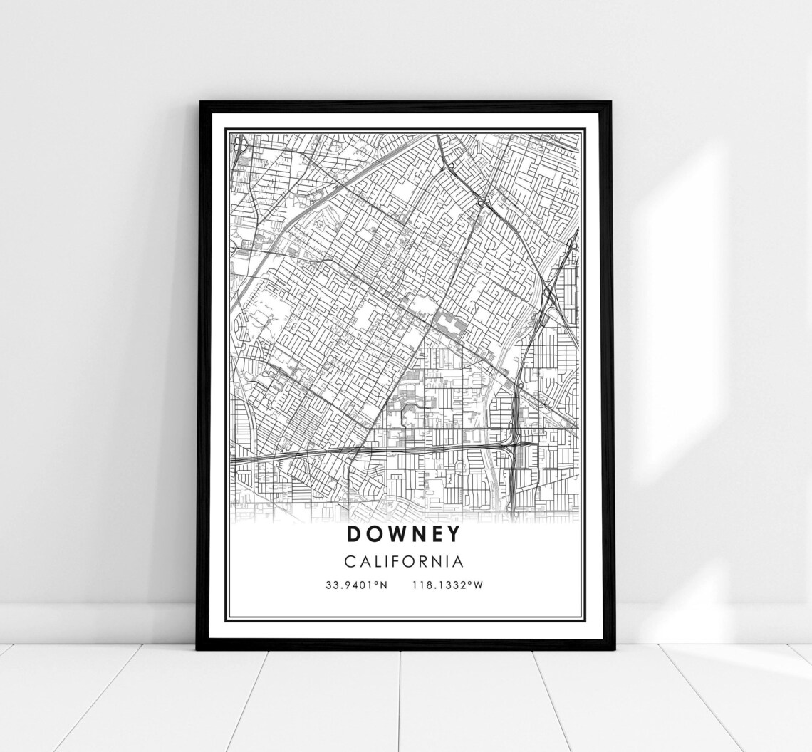 Downey California City Street Map Print Minimalist Black and White Decor