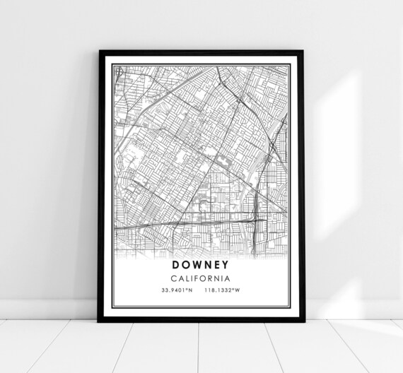 Downey California City Street Map Print Minimalist Black and White Decor