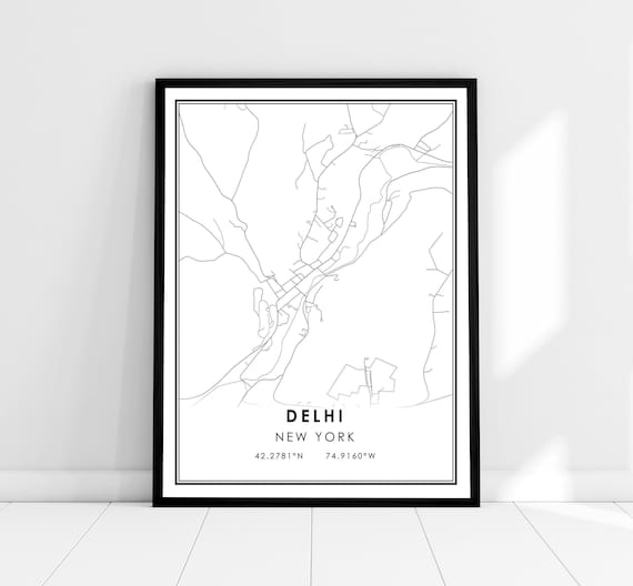 Delhi New York Black White Minimalist Street Map Coordinates Print