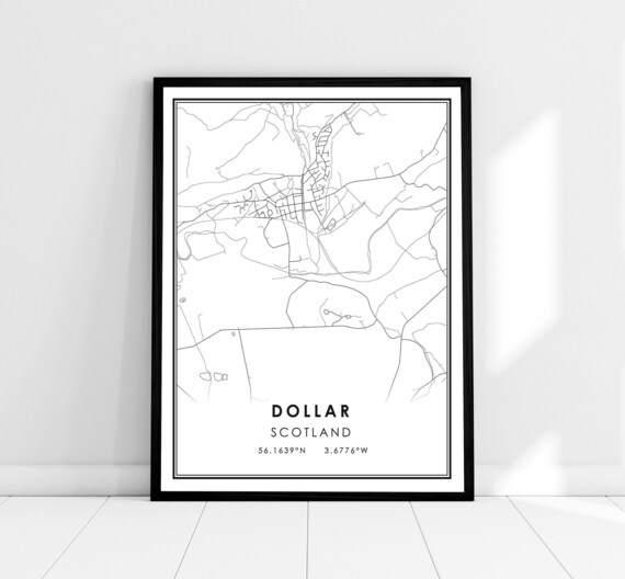 Dollar Scotland Town Street Map Minimalist Black and White Wall Art