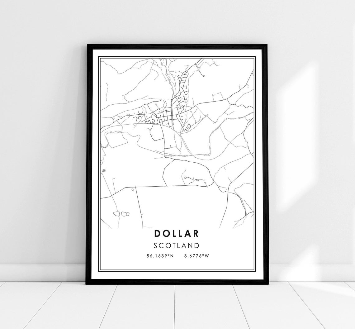 Dollar Scotland Town Street Map Minimalist Black and White Wall Art