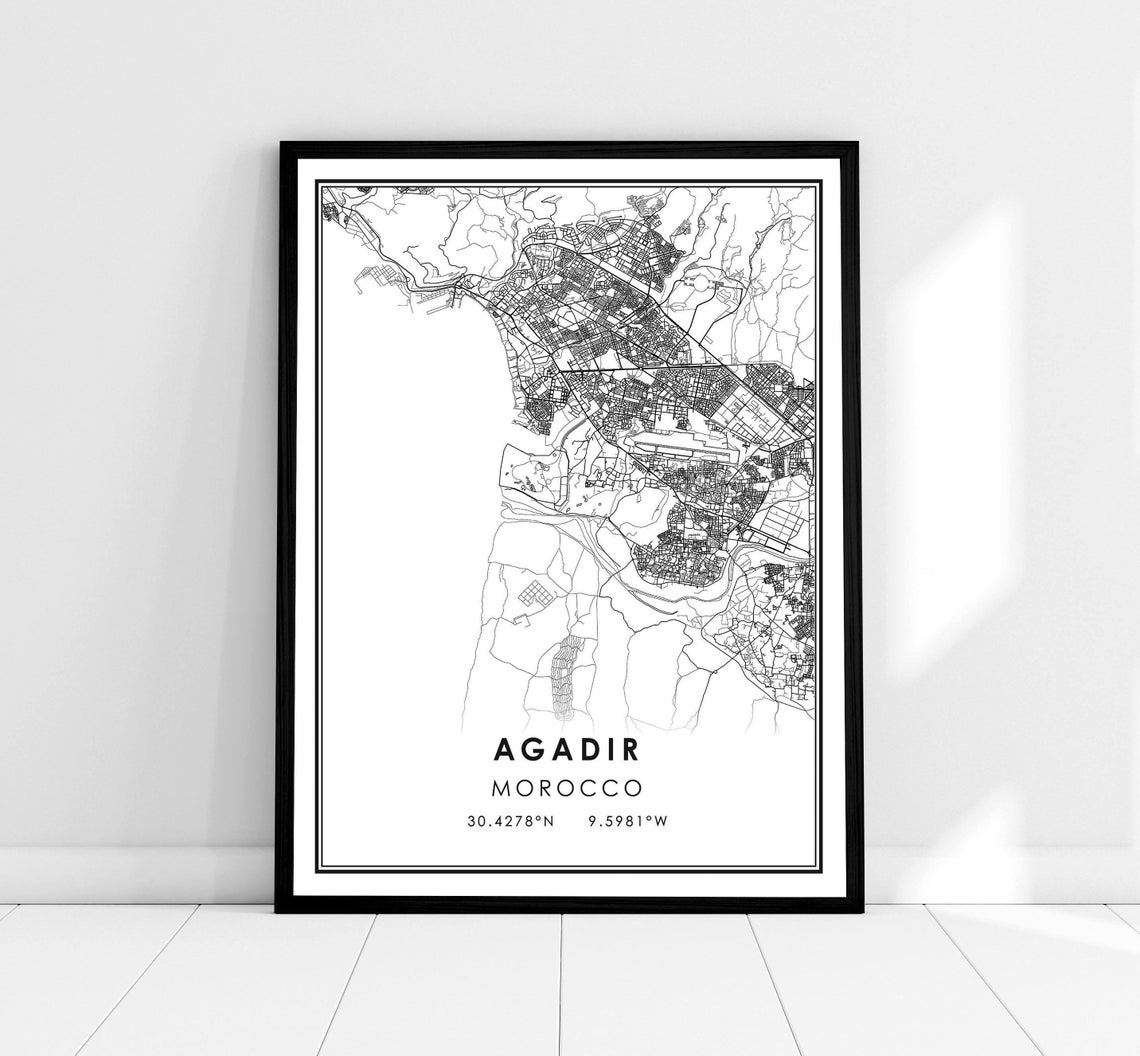Agadir Morocco Minimalist Black and White City Street Map Poster