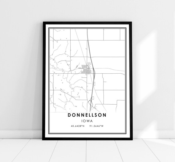 Donnellson Iowa Minimalist Black and White Line Art Map Wall Print