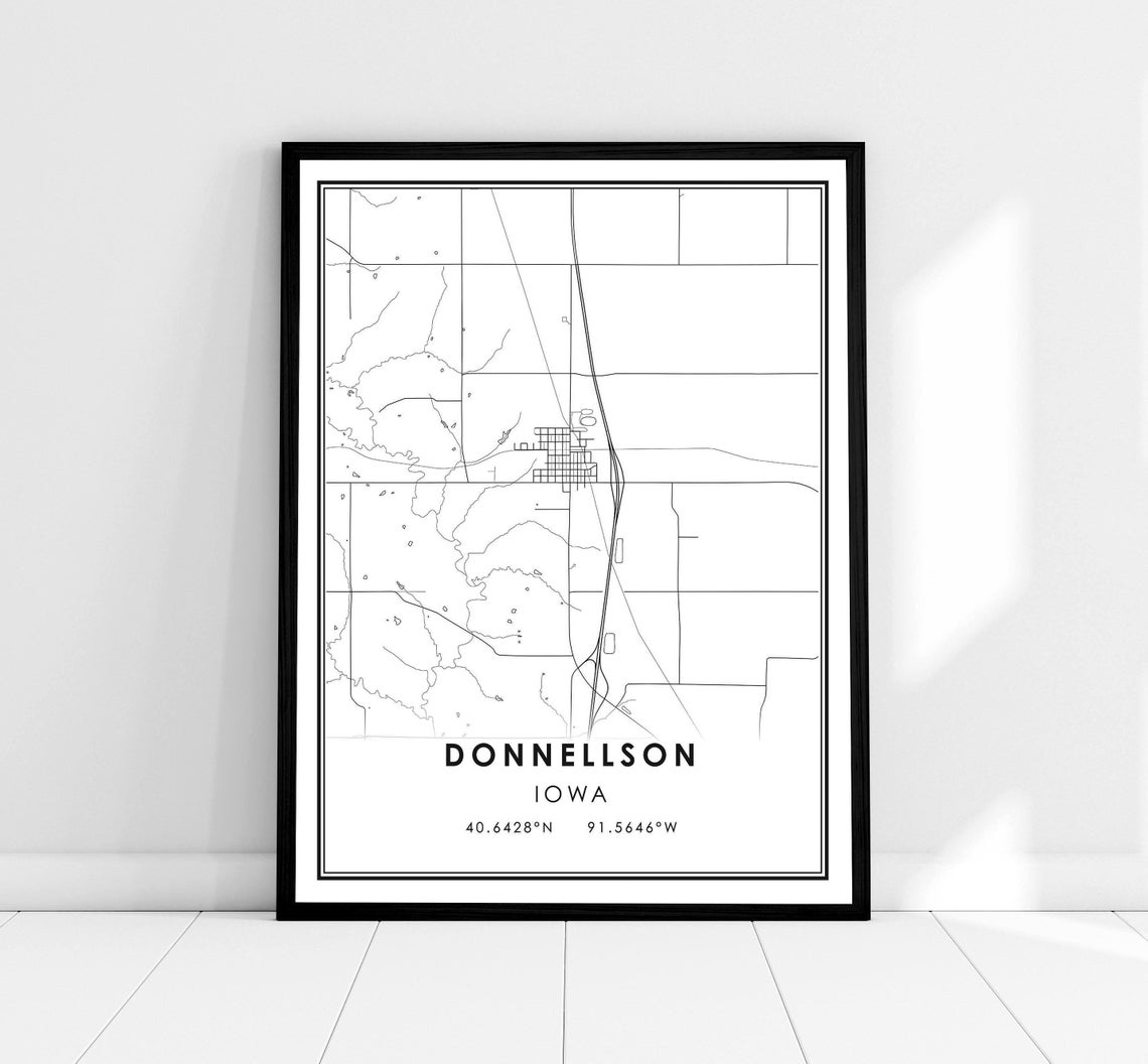Donnellson Iowa Minimalist Black and White Line Art Map Wall Print