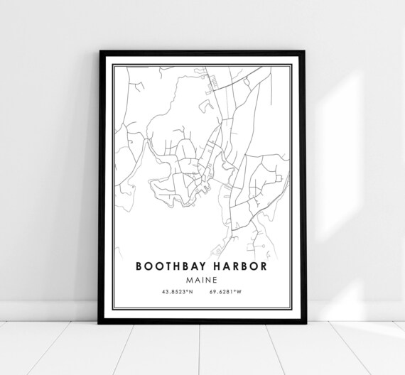 Boothbay Harbor Maine Map Wall Art with Coordinates and Harbor Detail