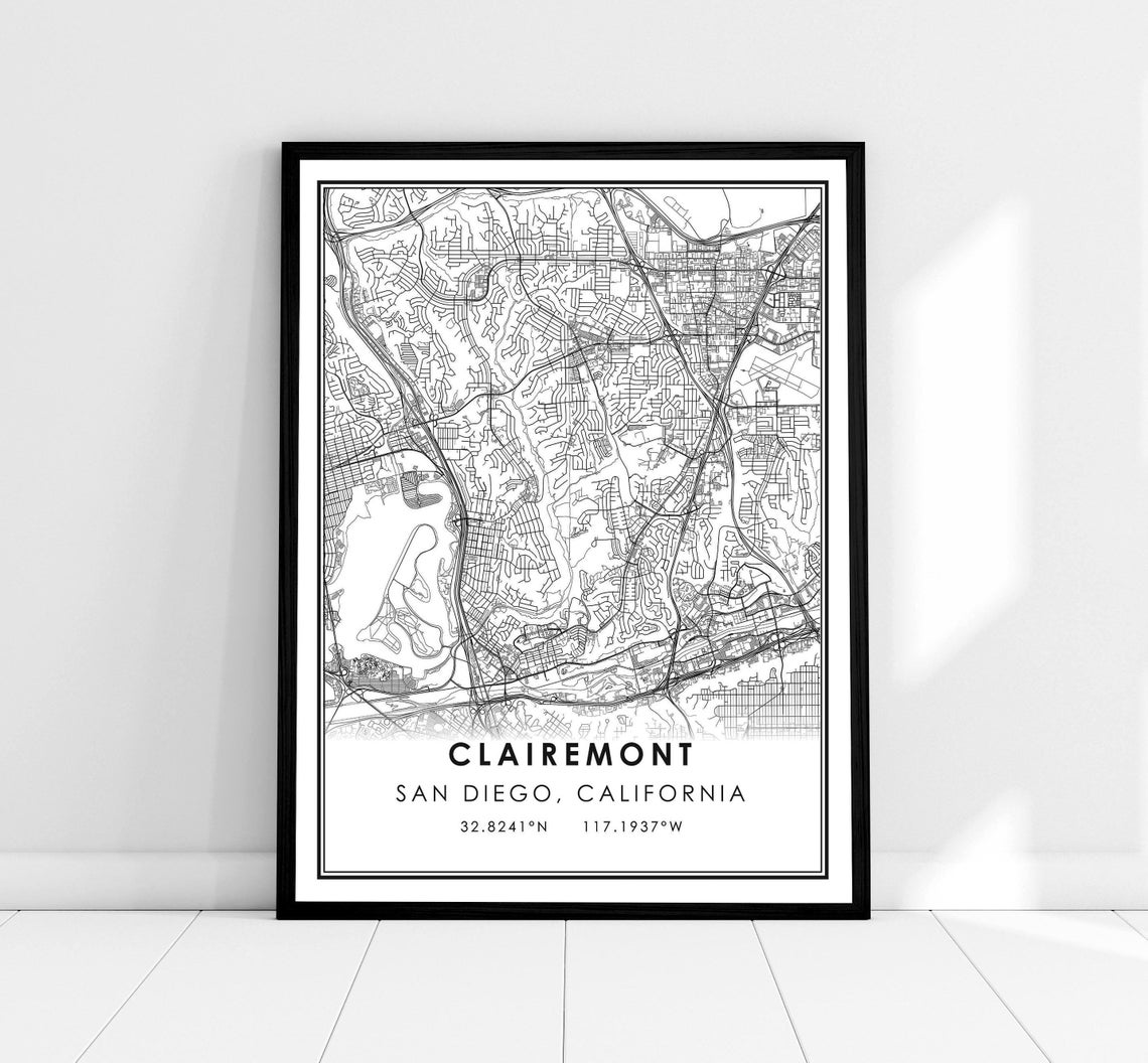 Clairemont San Diego Minimalist Black White Street Map Poster