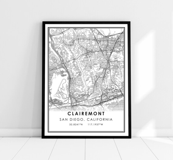 Clairemont San Diego Minimalist Black White Street Map Poster