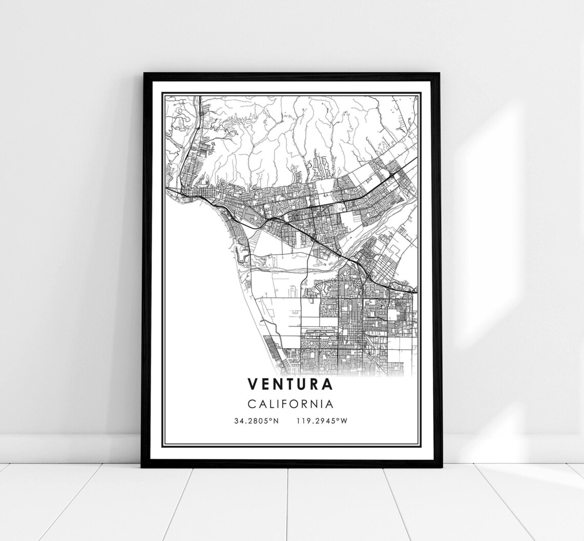 Ventura California Minimalist Black and White City Street Map Poster