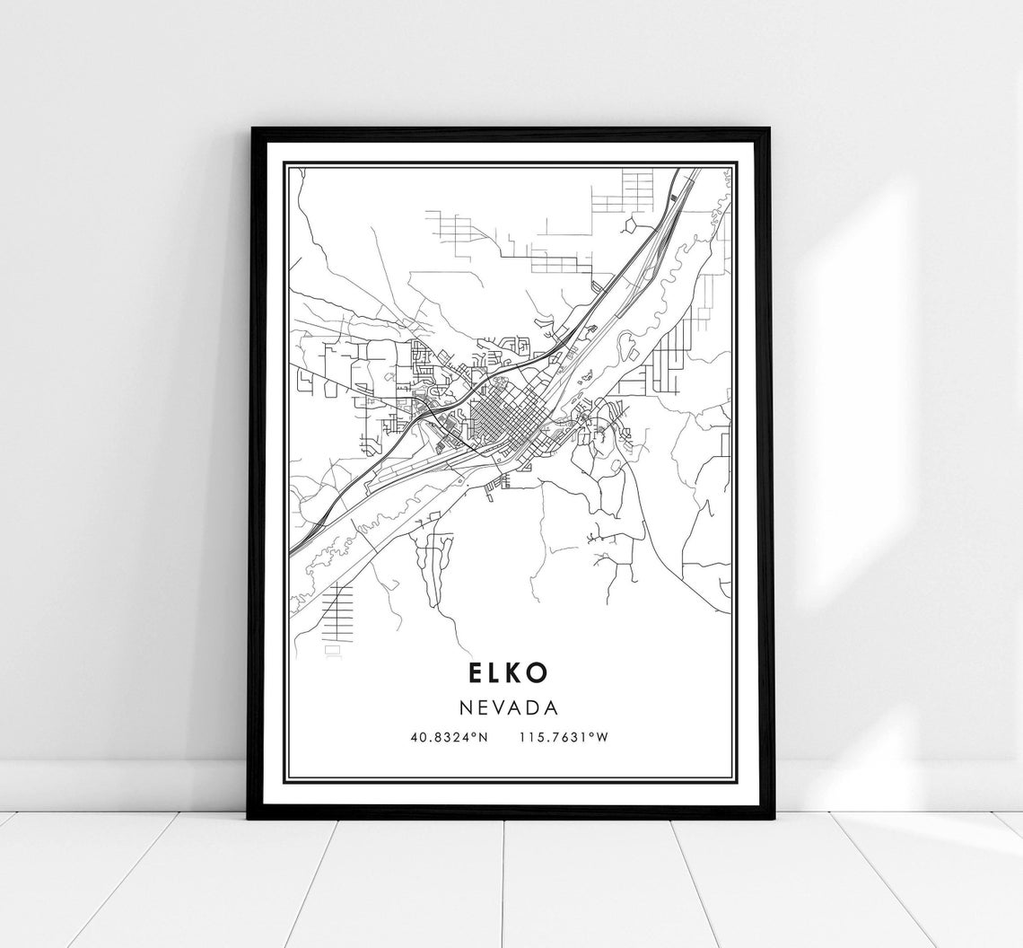 Elko Nevada Minimalist Street Map Poster Coordinates Wall Decor