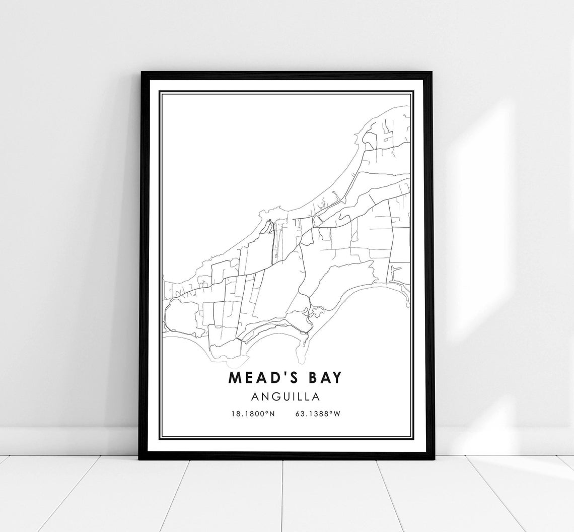 Mead's Bay Anguilla Caribbean Coastline Line Map Travel Wall Art