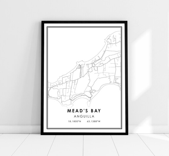 Mead's Bay Anguilla Caribbean Coastline Line Map Travel Wall Art