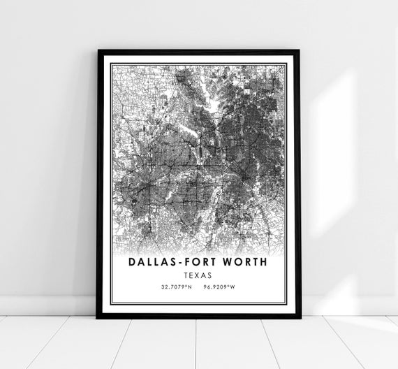 Dallas-Fort Worth Map Print, Texas City Travel Poster