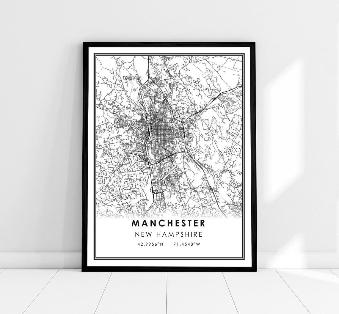 Manchester New Hampshire City Street Map Coordinates Wall Art