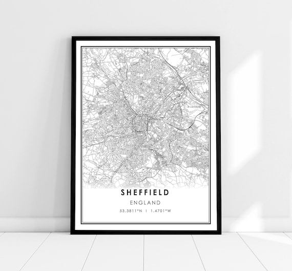 Sheffield England Black and White Minimalist Street Map Print