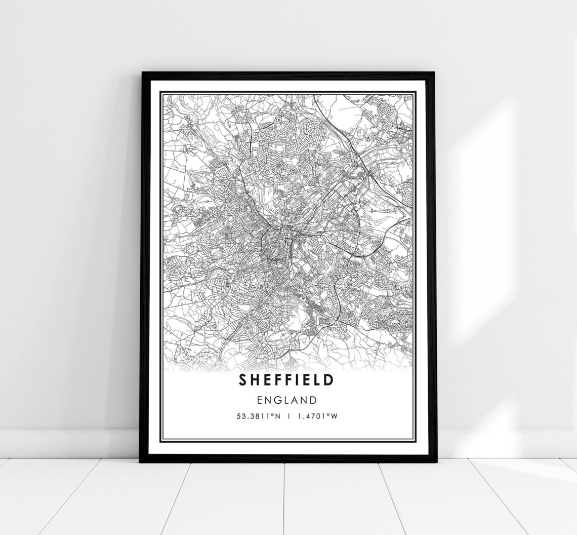 Sheffield England Black and White Minimalist Street Map Print