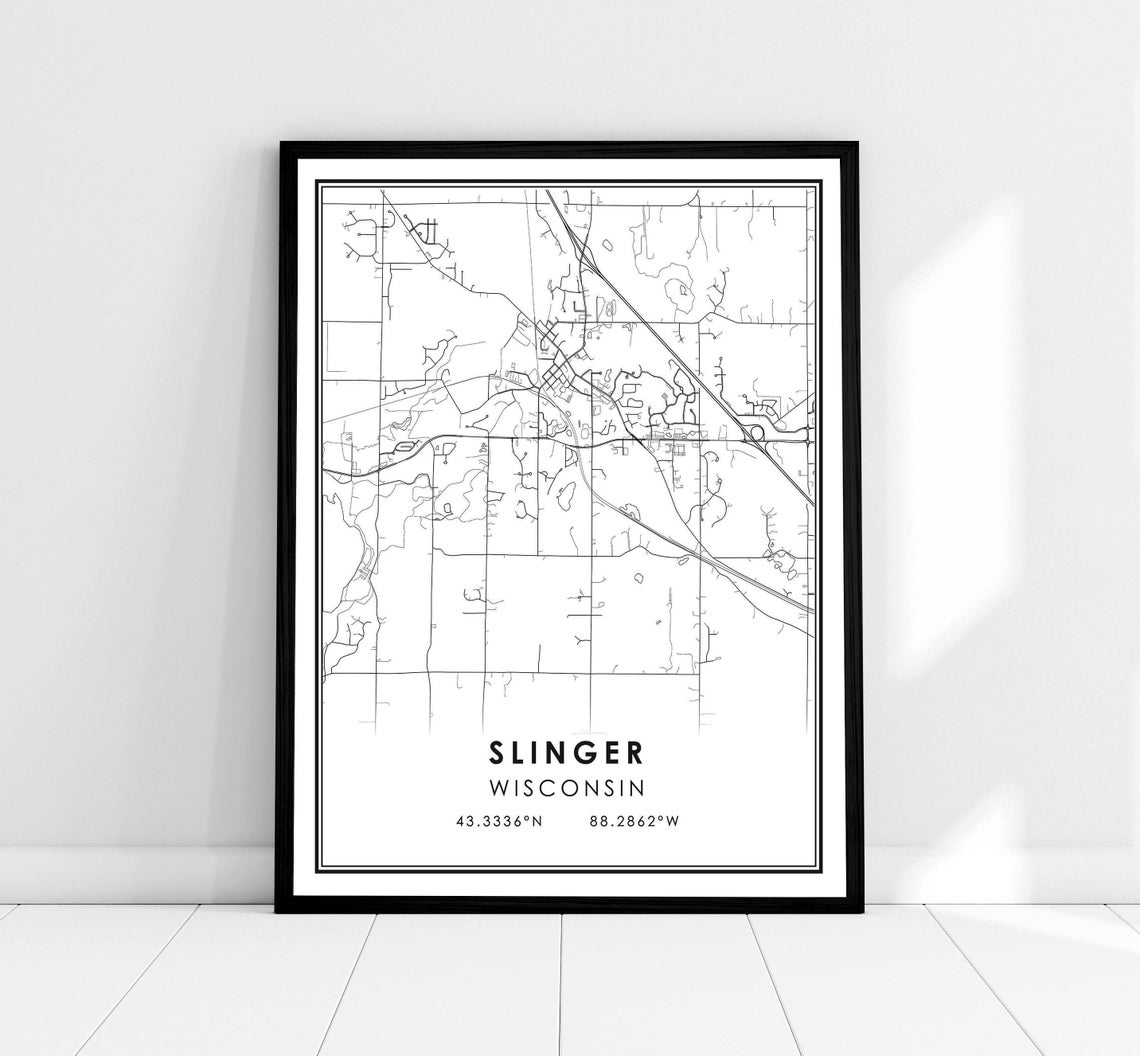 Slinger Wisconsin Monochrome Minimalist Street Map Art Poster