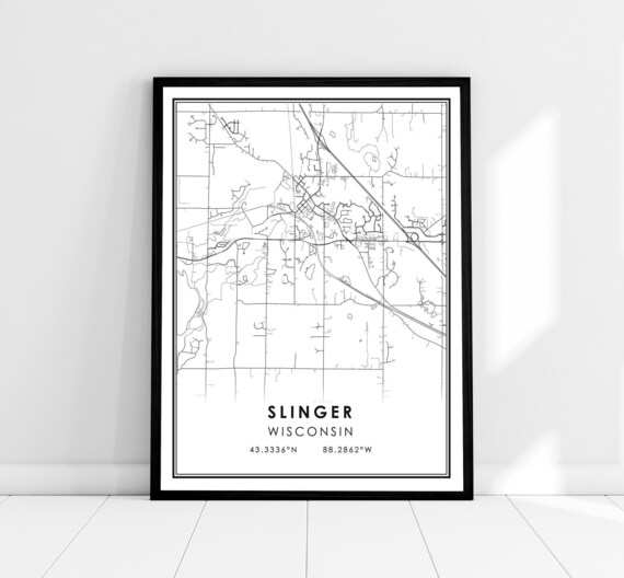 Slinger Wisconsin Monochrome Minimalist Street Map Art Poster