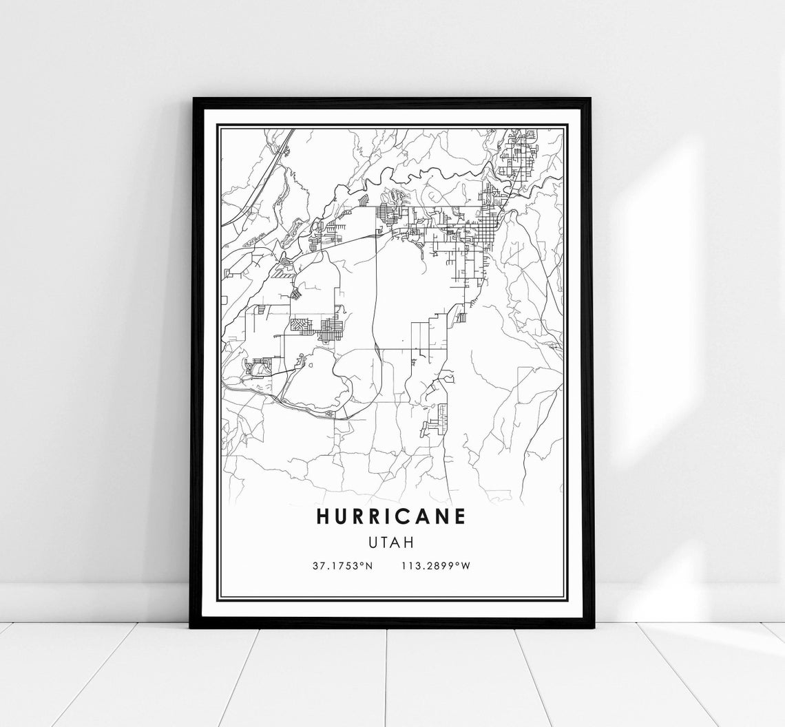 Hurricane Utah Minimalist Black and White City Street Map Poster