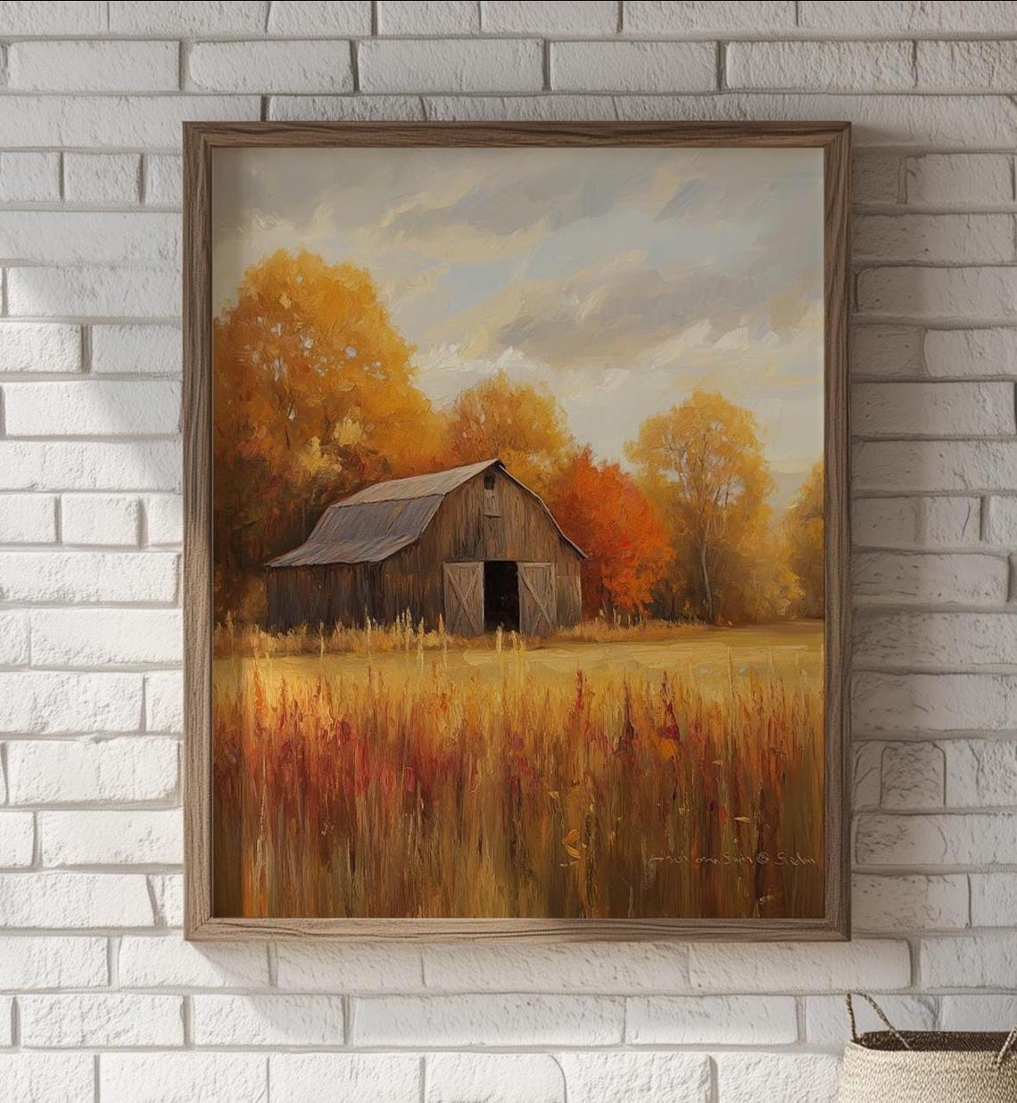 Old Rustic Red Barn In Golden Autumn Fields Oil Painting Poster