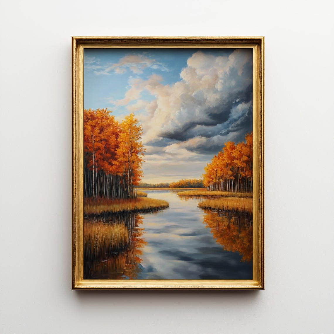 Autumn Wetlands Oil Painting Golden Trees River Reflection Poster