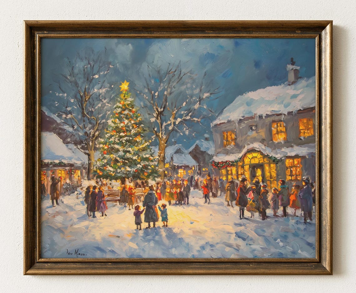 Snowy Village Christmas Tree Gathering Night Oil Painting Style Poster