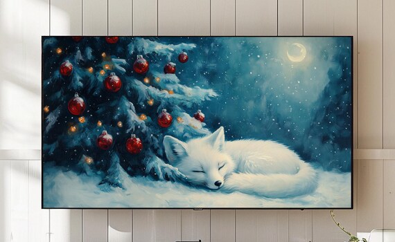 Sleeping Arctic Fox Under Snowy Christmas Tree Moonlit Night Poster