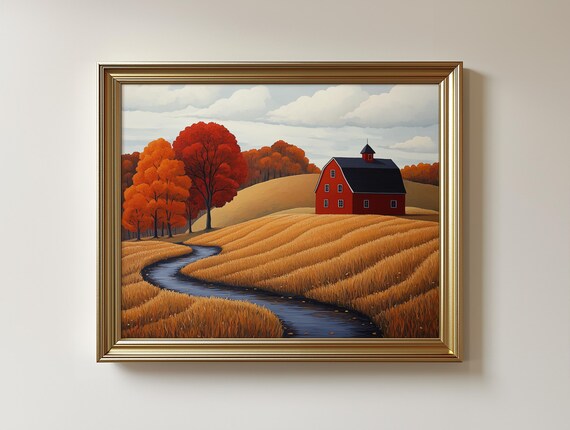 Autumn Countryside Landscape Art Red Barn Rolling Hills Print 450