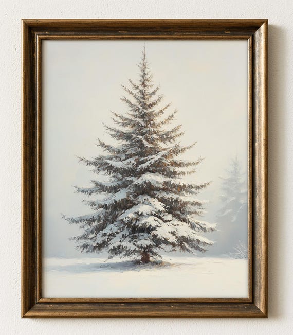 Winter Fir Tree Oil Painting, Snowy Cottage Landscape