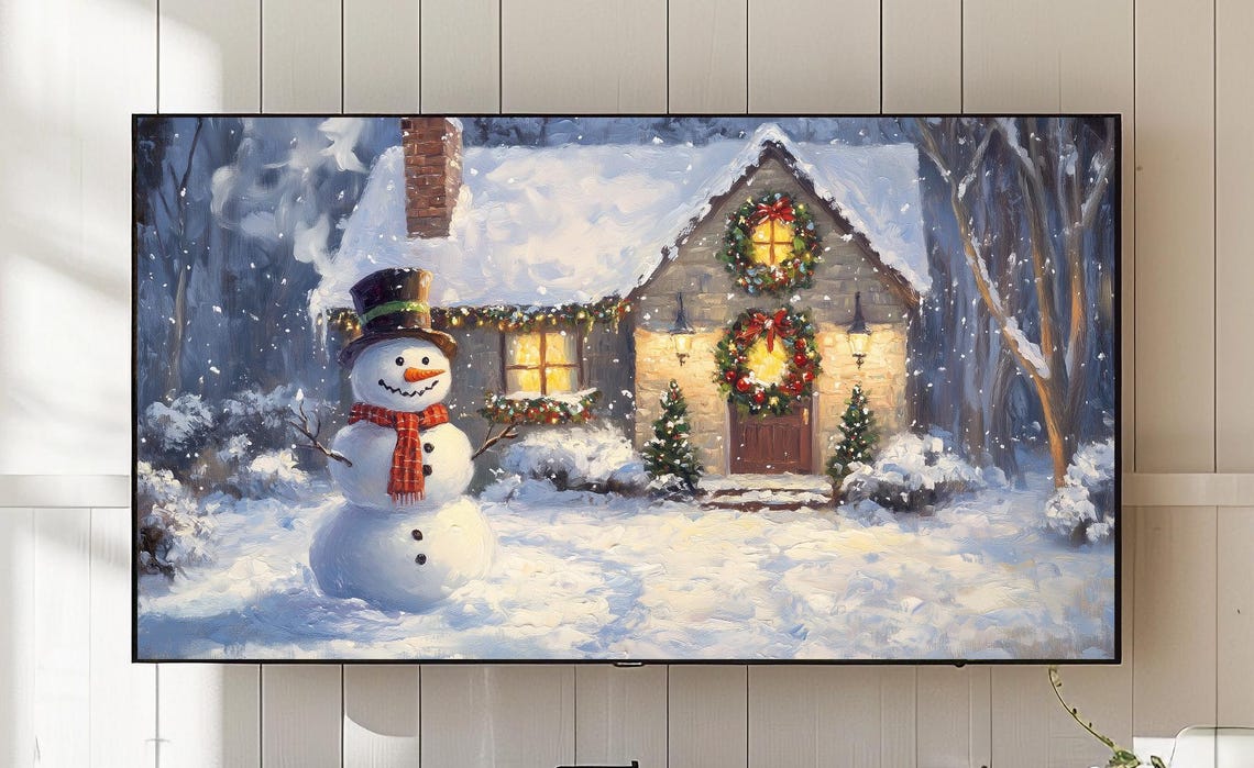 Winter Cottage Snowman Painting Tv Art Cozy Christmas Decor 783