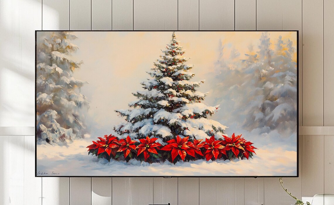 Snowy Evergreen Tree Poinsettias Christmas Forest Painting Poster