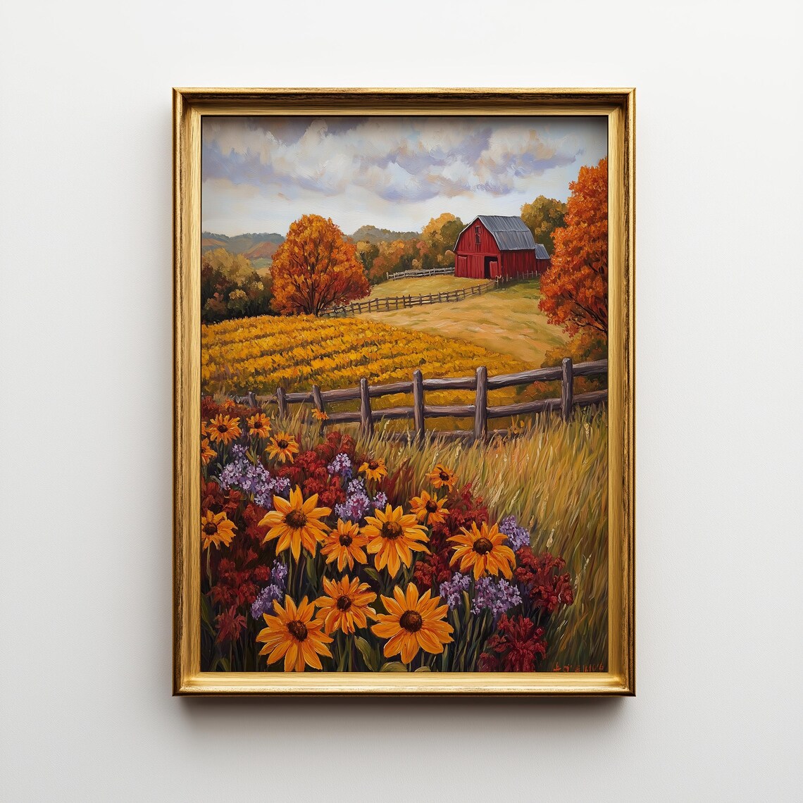 Autumn Farmhouse Sunflower Field Red Barn Golden Harvest Art Poster