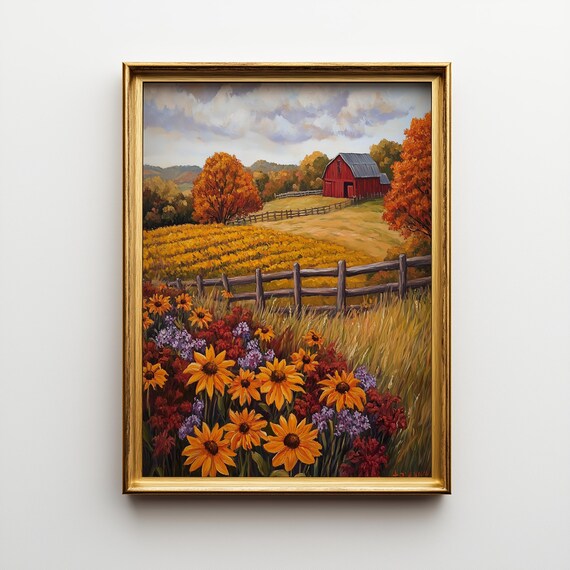 Autumn Farmhouse Sunflower Field Red Barn Golden Harvest Art Poster